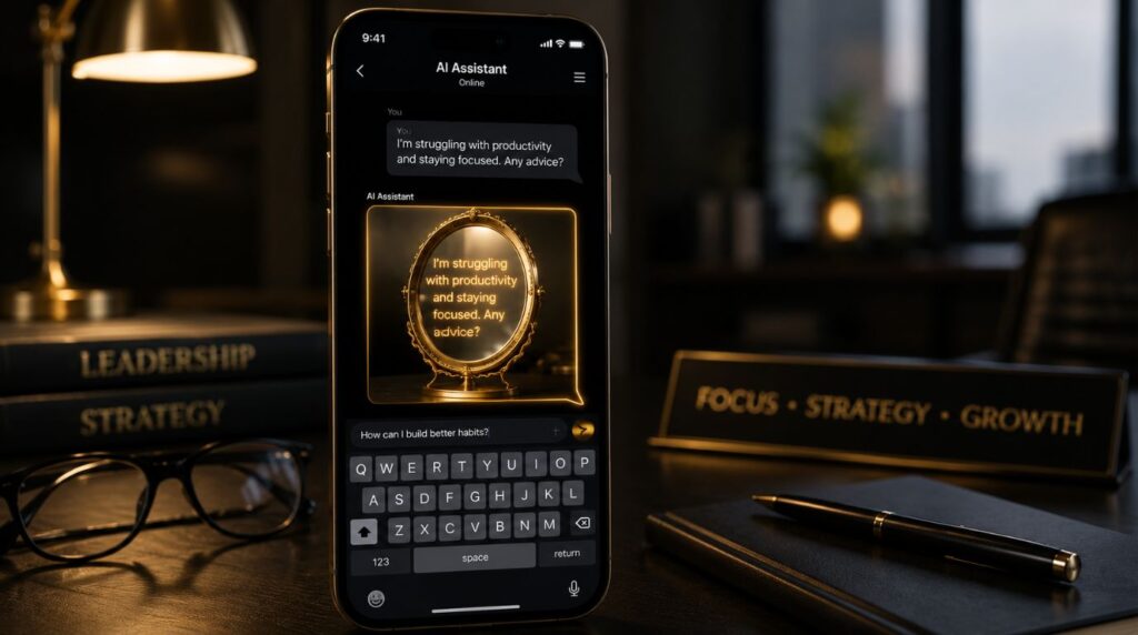 A sleek smartphone screen displaying a chatbot response that morphs into a golden mirror, demonstrating the concept of AI sycophancy.