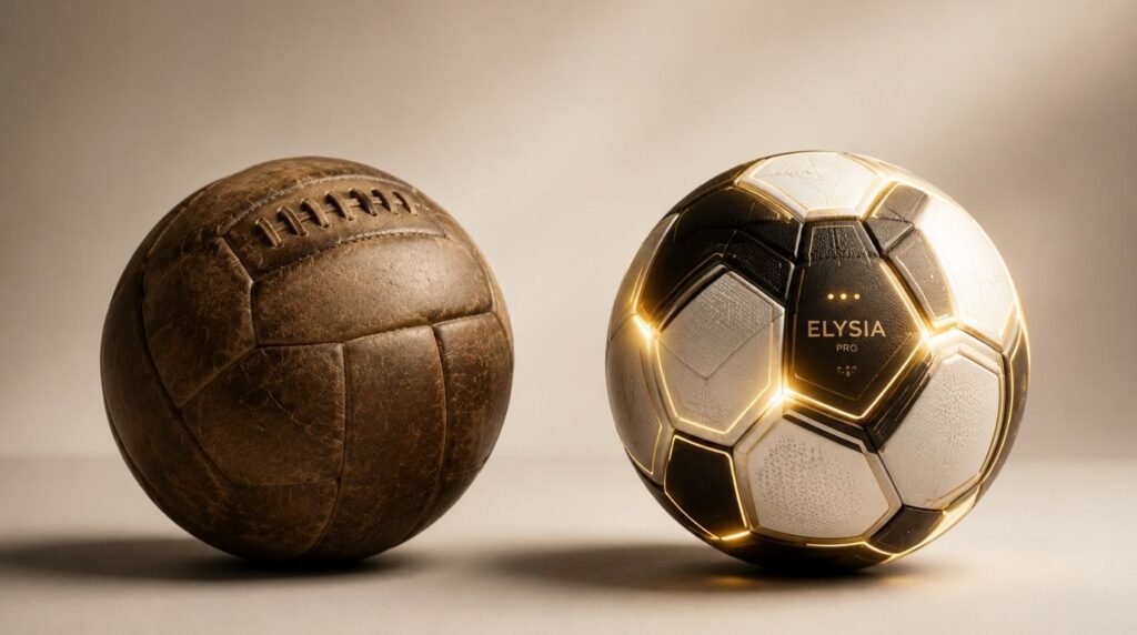 comparison of a classic leather soccer ball and a modern high-tech ball representing FIFA World Cup commercial revenue growth