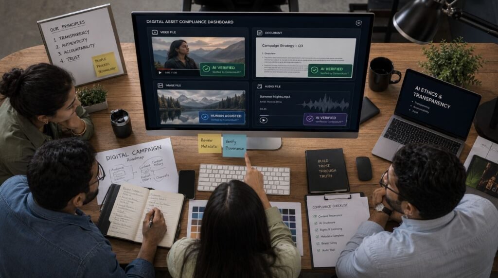 A digital marketing team auditing various media files to apply standardized disclosures, demonstrating the wider impact of labels for AI-generated music.
