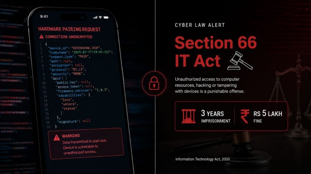 A legal graphic detailing the IT Act penalties, fines, and prison terms for hacking electric three-wheelers using the BAT-BMS app.