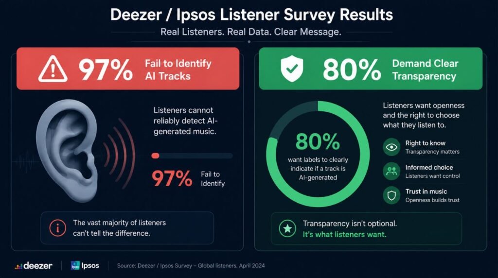 An infographic comparing the 97% listener failure rate in detecting AI audio with the 80% consumer demand for labels for AI-generated music.