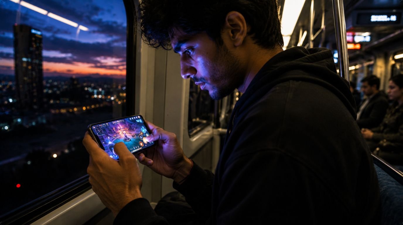 A commuter playing an immersive mobile game on their smartphone, illustrating the consumer reach of the gaming industry in India.