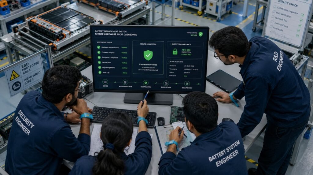 Engineers auditing electric vehicle battery management software to prevent vulnerabilities like those exposed by the BAT-BMS app.