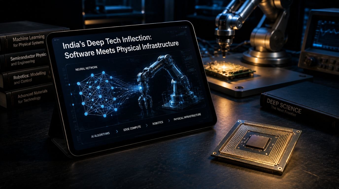 An ultra-modern tablet displaying an advanced robotics schematic next to a semiconductor microchip, demonstrating the rise of deeptech ecosystem in India.