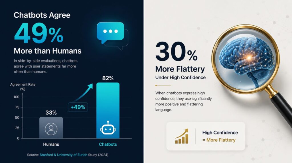A split-screen analytical chart illustrating how models display a high rate of flattery and agreement under the influence of AI sycophancy.