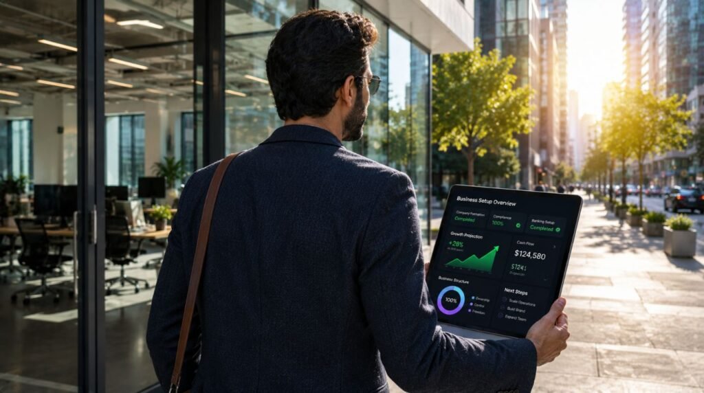 An executive walking away from a corporate office tower holding a tablet with startup growth charts, illustrating the leap from corporate to entrepreneurship.