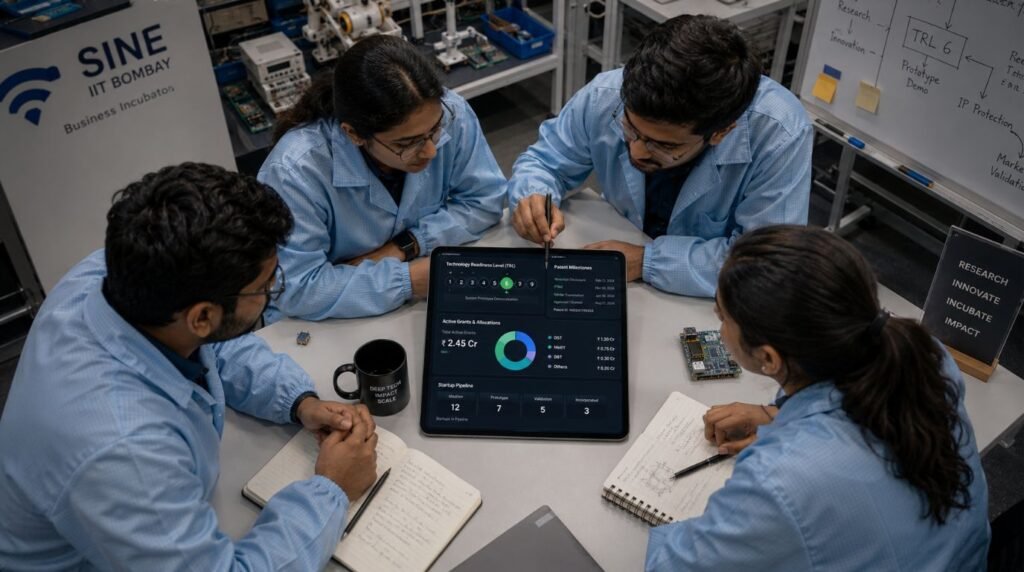 Academic researchers tracking TRL milestones on an iPad to help scale deep tech startups in India.