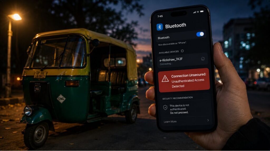 A smartphone showing an unsecured Bluetooth connection alert in front of a parked e-rickshaw, demonstrating the security gap targeted by the BAT-BMS app.