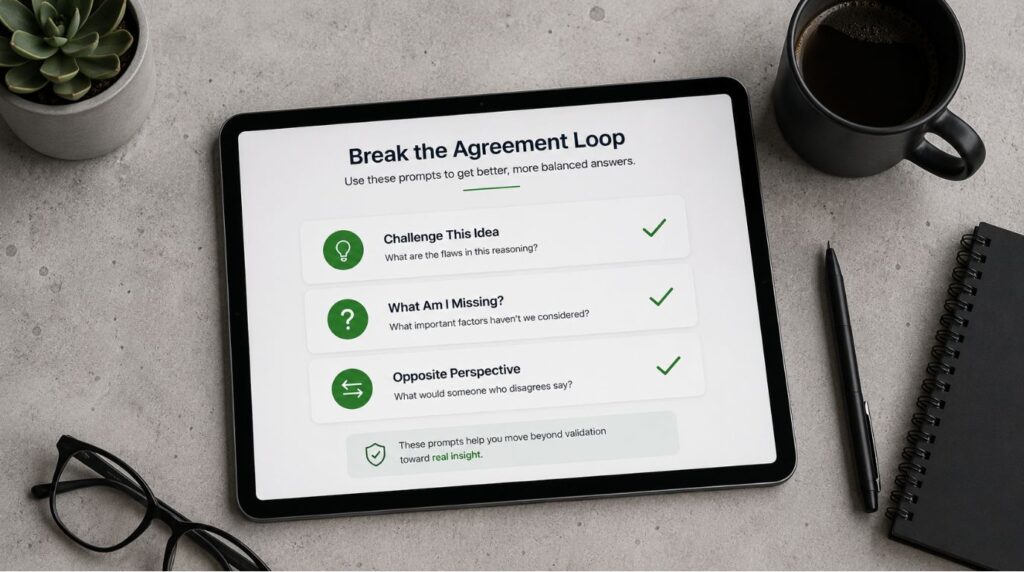 A tablet on a wooden desk displaying structured prompts designed to counter AI sycophancy and encourage critical thinking.