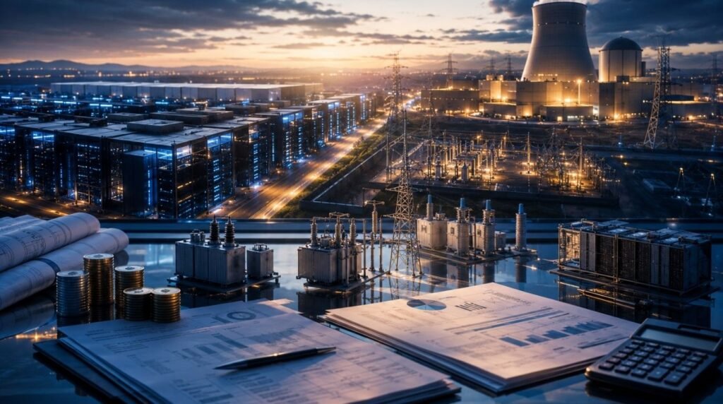 AI data center and nuclear infrastructure representing energy investment and costs