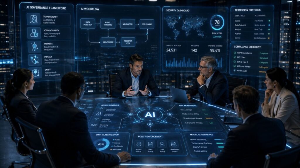 Business leaders implementing governance strategies to reduce AI Security Threat risks across AI-powered workflows