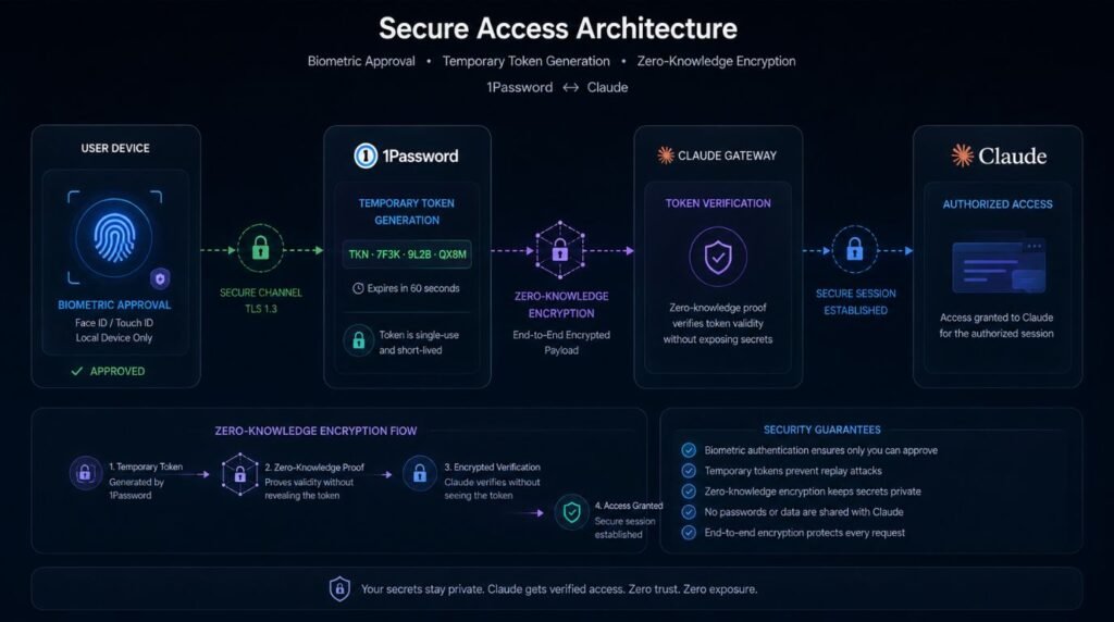 Diagram showing controlled access safeguards for AI authentication security and zero-knowledge password protection.