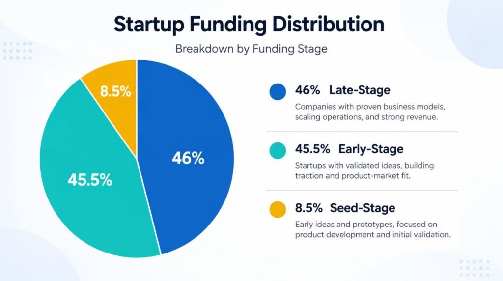 Pie chart displaying Indian startup funding trends divided into late-stage, early-stage, and seed funding rounds.
