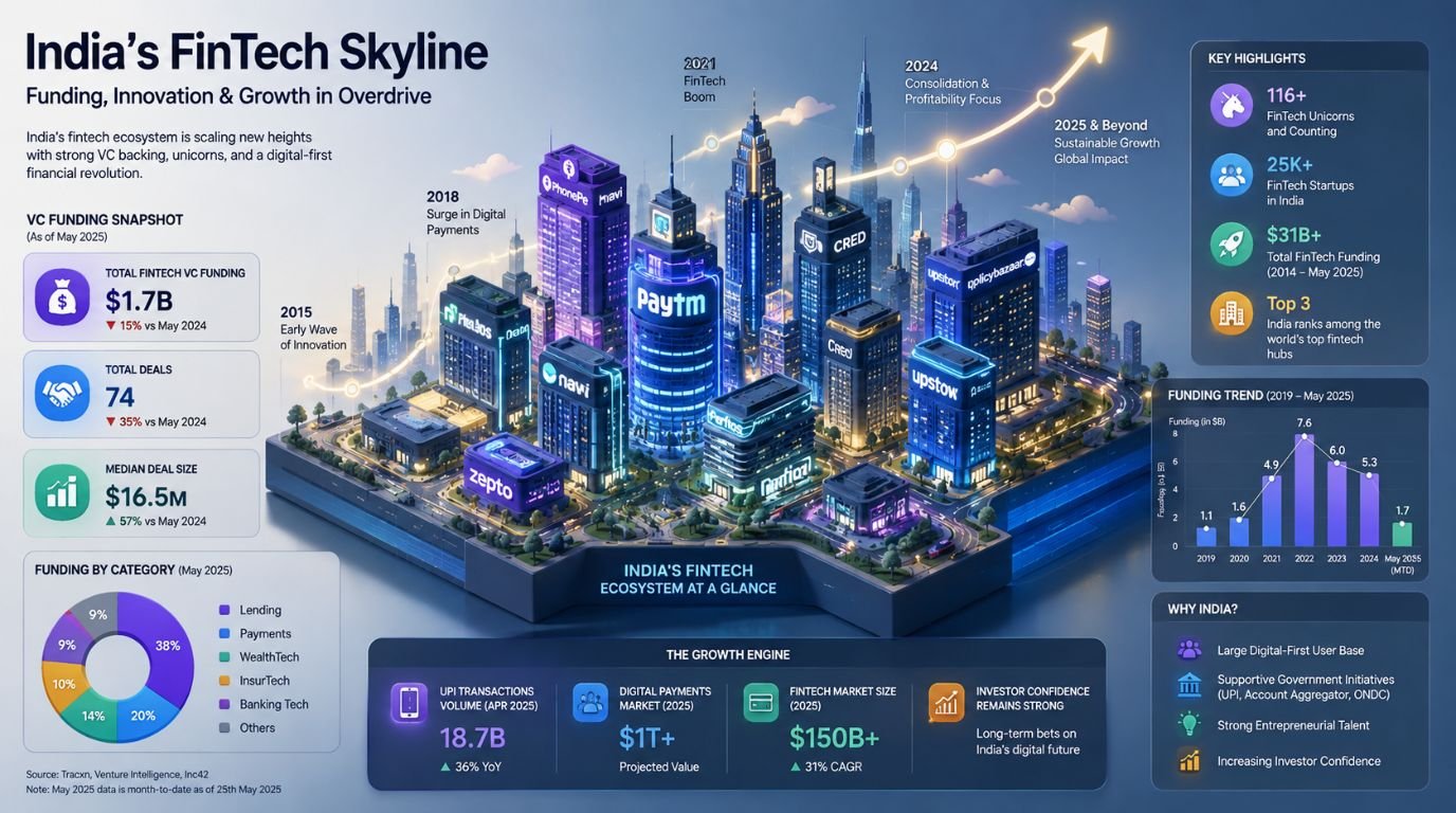 Isometric chart illustrating Indian startup funding trends, venture capital investment, and ecosystem metrics.