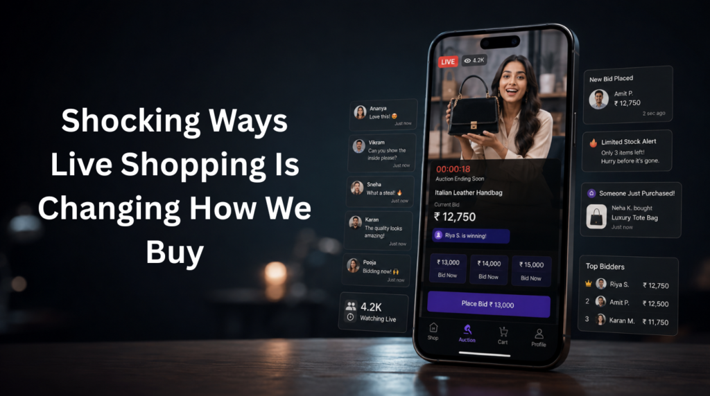 Live shopping platform combining e-commerce, entertainment, auctions, and real-time customer engagement