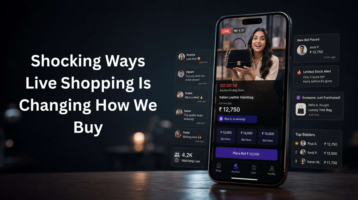 Live shopping platform combining e-commerce, entertainment, auctions, and real-time customer engagement