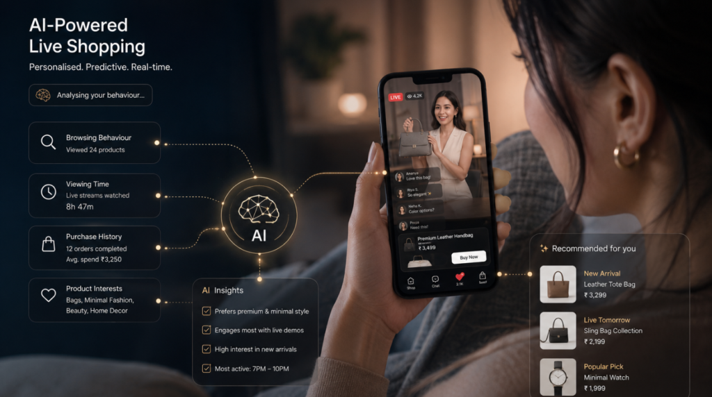Live shopping using AI personalisation to predict consumer preferences and recommend products