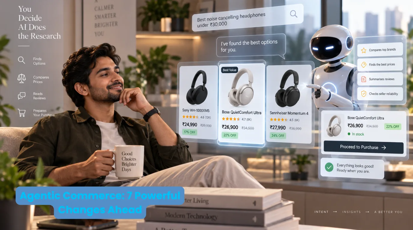 Agentic commerce showing an AI shopping agent comparing products and preparing a purchase for a consumer