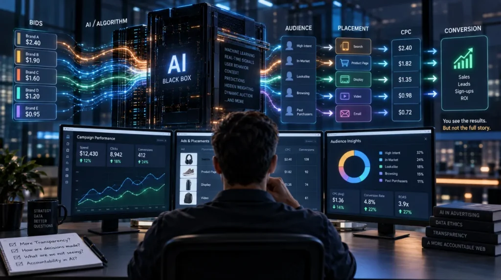 Amazon ad auction concept showing AI algorithms controlling digital advertising decisions