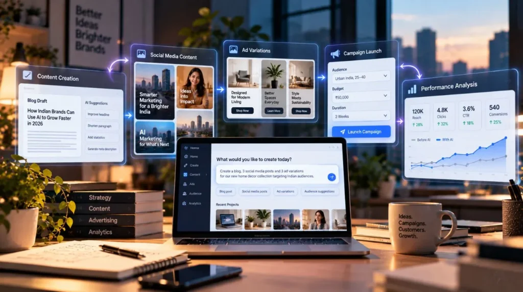 AI Marketing in India helping marketing teams generate content, develop advertising creatives, analyse campaign data and automate repetitive workflows.