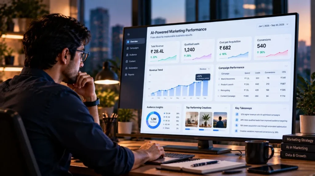 AI Marketing in India enabling marketers to evaluate campaign performance, conversion rates, qualified leads and business outcomes using analytics dashboards.