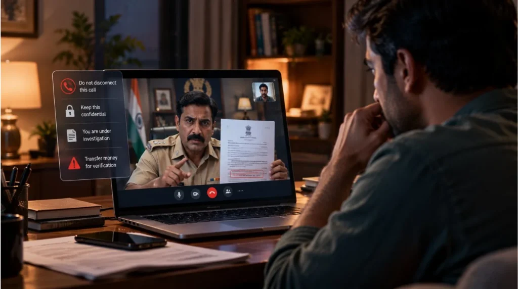 Digital arrest scam showing an Indian victim receiving a threatening fake government video call