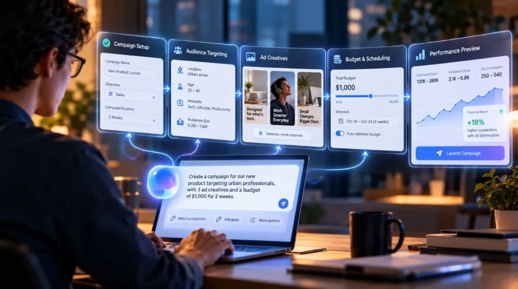 Meta AI advertising assistant translating a marketer's conversational instructions into campaign creation, audience targeting, ad creative and budget adjustments.