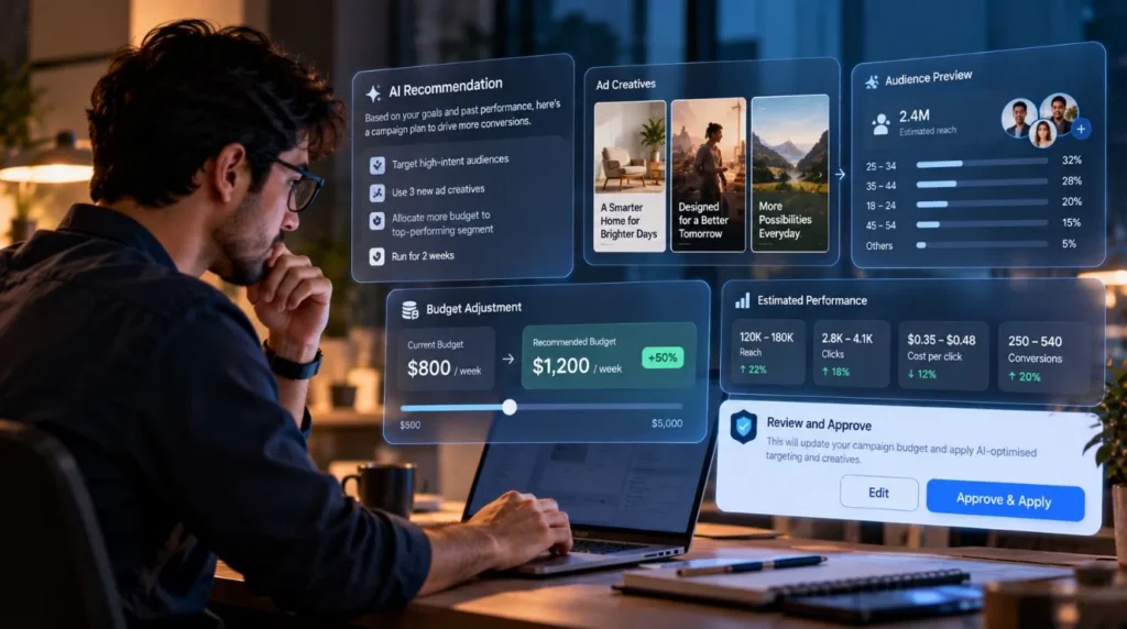 Meta AI advertising assistant displaying campaign performance and proposed budget changes while a marketing professional reviews and approves advertising decisions.