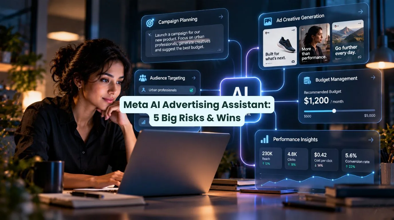 Meta AI advertising assistant helping a digital marketer manage advertising campaigns, generate creatives and optimise budgets through an AI-powered interface.