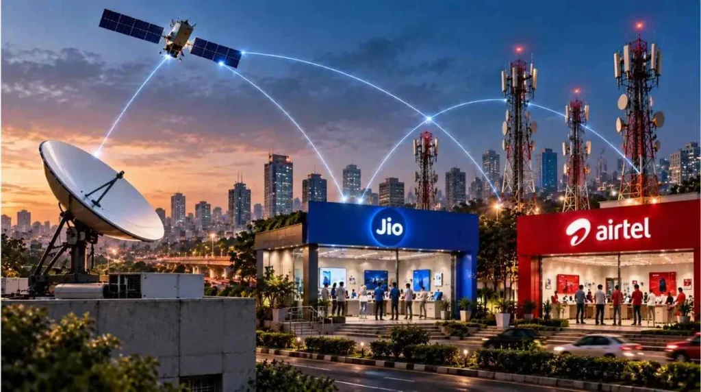 Starlink India Launch: Editorial illustration showing satellite internet connectivity alongside Jio and Airtel telecom networks, highlighting potential partnerships and competition in India’s broadband market.