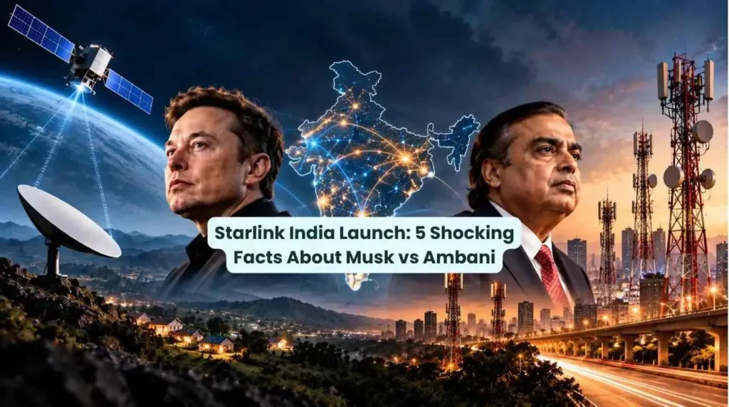 Starlink India Launch: Elon Musk and Mukesh Ambani face across a map of India, highlighting competition over market access, spectrum allocation, satellite internet, and India’s telecom infrastructure.