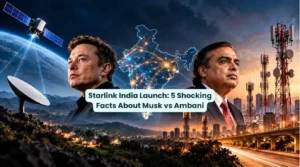 Starlink India Launch: Elon Musk and Mukesh Ambani face across a map of India, highlighting competition over market access, spectrum allocation, satellite internet, and India’s telecom infrastructure.