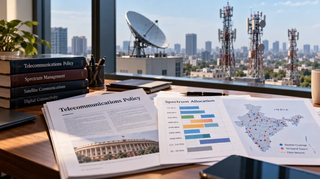 Starlink India Launch: Telecommunications policy documents, a spectrum allocation chart, and a map of India on an office desk, with a satellite dish and mobile network towers illustrating spectrum access and regulatory challenges.