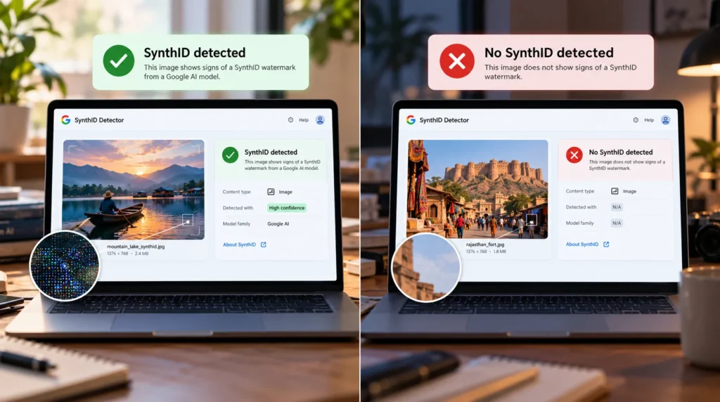AI content verification showing how SynthID identifies watermarked digital media.