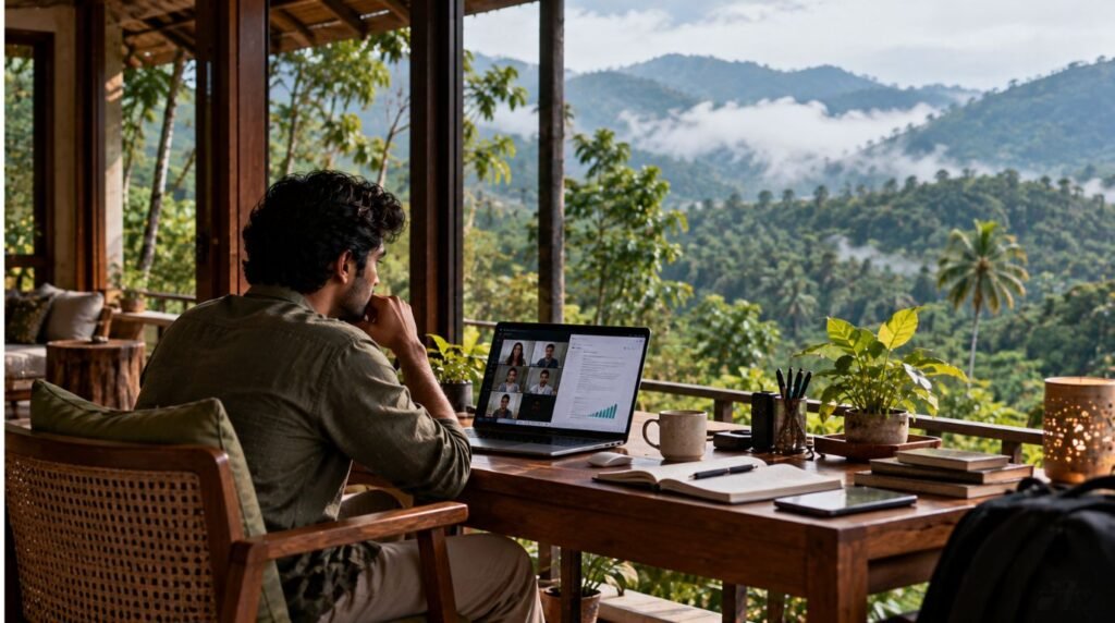 Work From Forest workspace overlooking the forests and mountains of Kerala