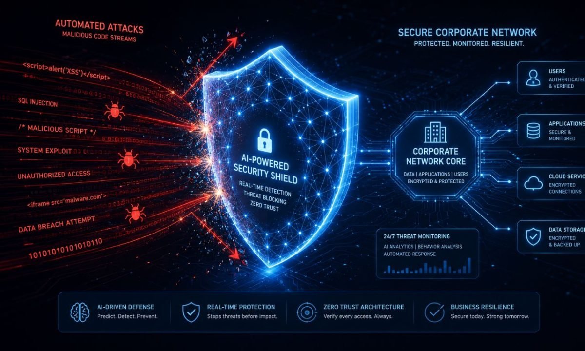Digital neural network shield representing AI threat intelligence defending corporate enterprise data from cyber attacks.