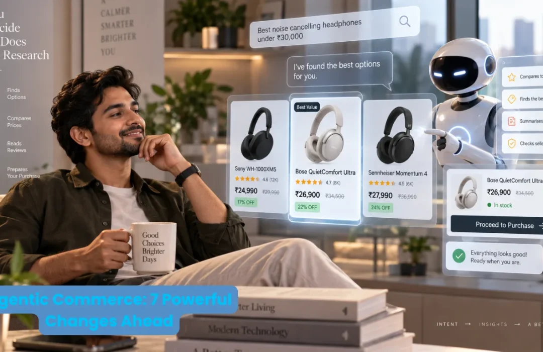 Agentic commerce showing an AI shopping agent comparing products and preparing a purchase for a consumer