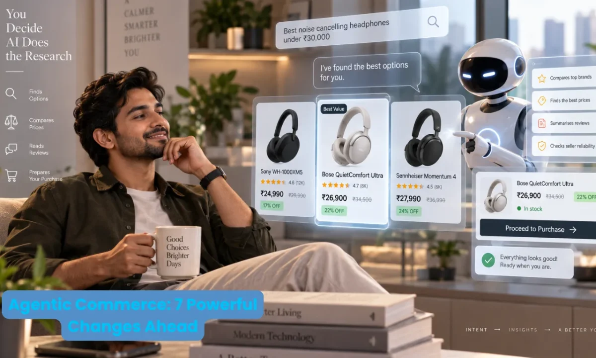 Agentic commerce showing an AI shopping agent comparing products and preparing a purchase for a consumer