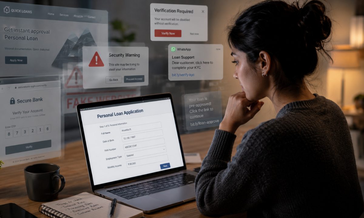 Cyber Fraud illustration showing a woman facing a fake loan website while cybercriminals manipulate digital information.