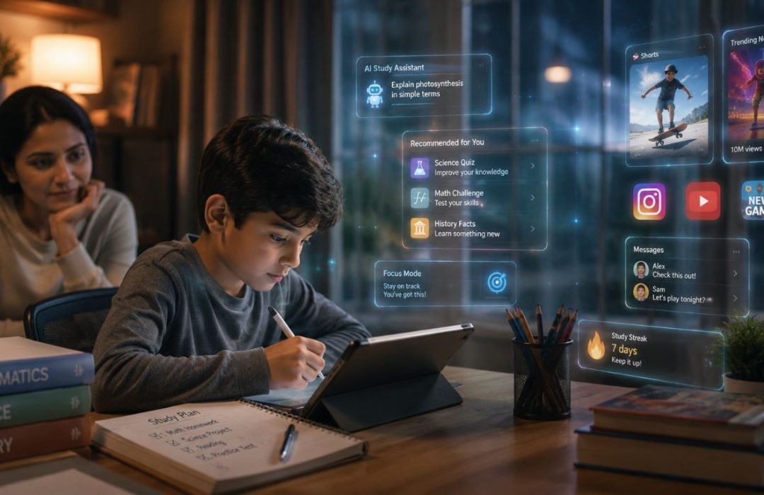 Child using a tablet while surrounded by AI interfaces and social media icons, representing digital literacy in the age of artificial intelligence.