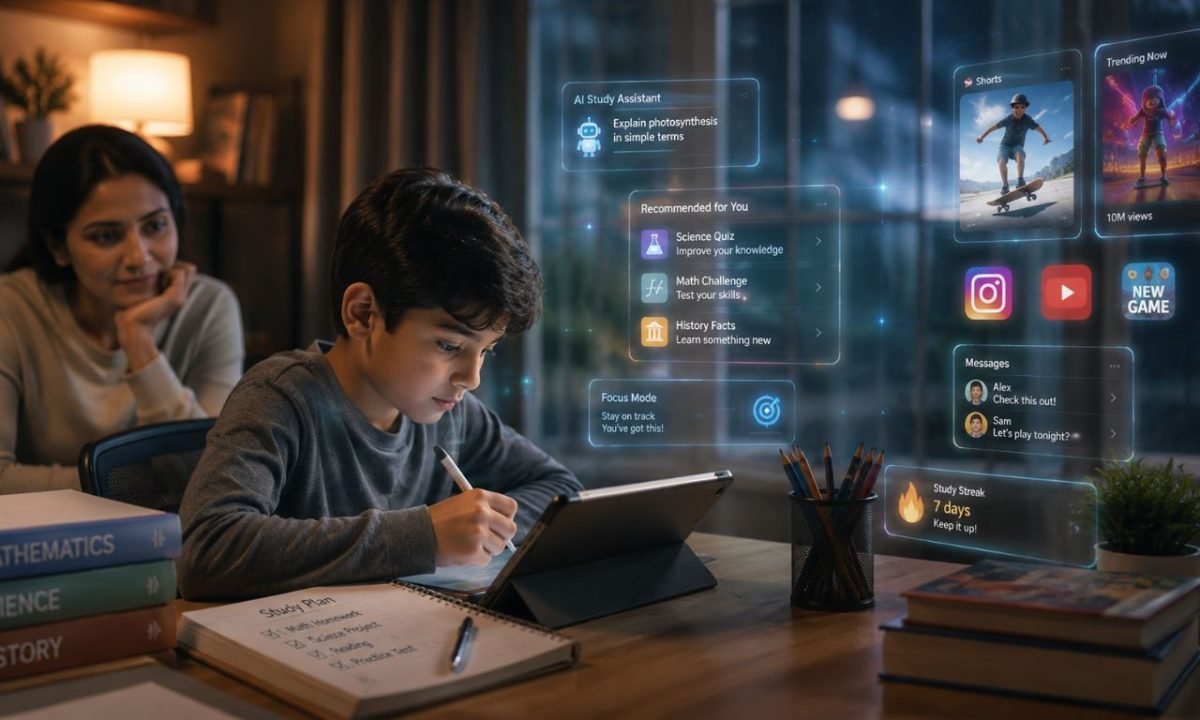 Child using a tablet while surrounded by AI interfaces and social media icons, representing digital literacy in the age of artificial intelligence.