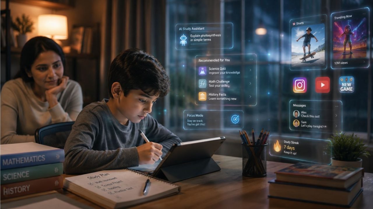 Child using a tablet while surrounded by AI interfaces and social media icons, representing digital literacy in the age of artificial intelligence.