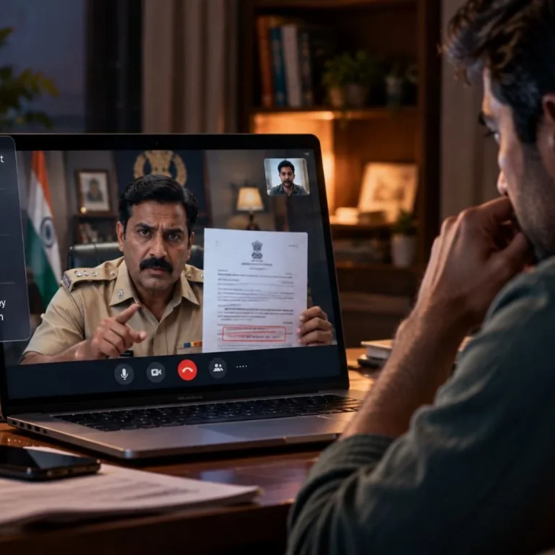 Digital arrest scam showing an Indian victim receiving a threatening fake government video call