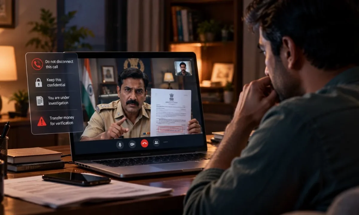 Digital arrest scam showing an Indian victim receiving a threatening fake government video call