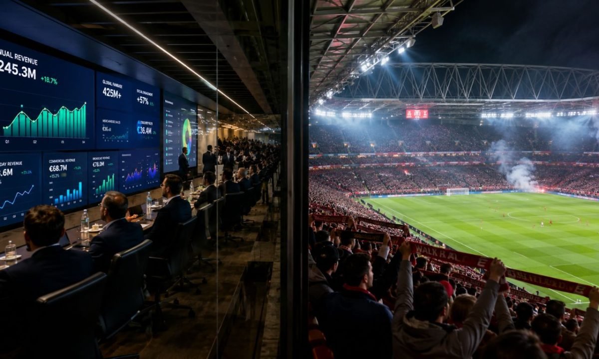 FIFA World Cup showing corporate stadium suites alongside traditional soccer fans