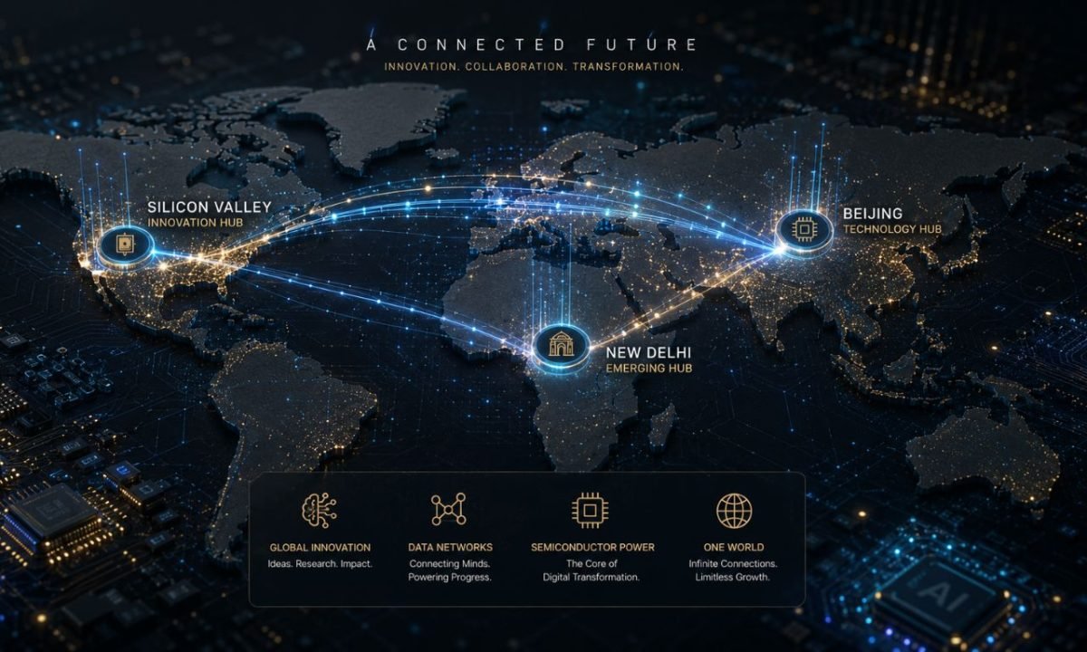 Digital isometric map depicting the geopolitics of AI and global neural network connections across nations.