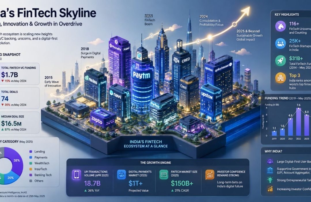 Isometric chart illustrating Indian startup funding trends, venture capital investment, and ecosystem metrics.