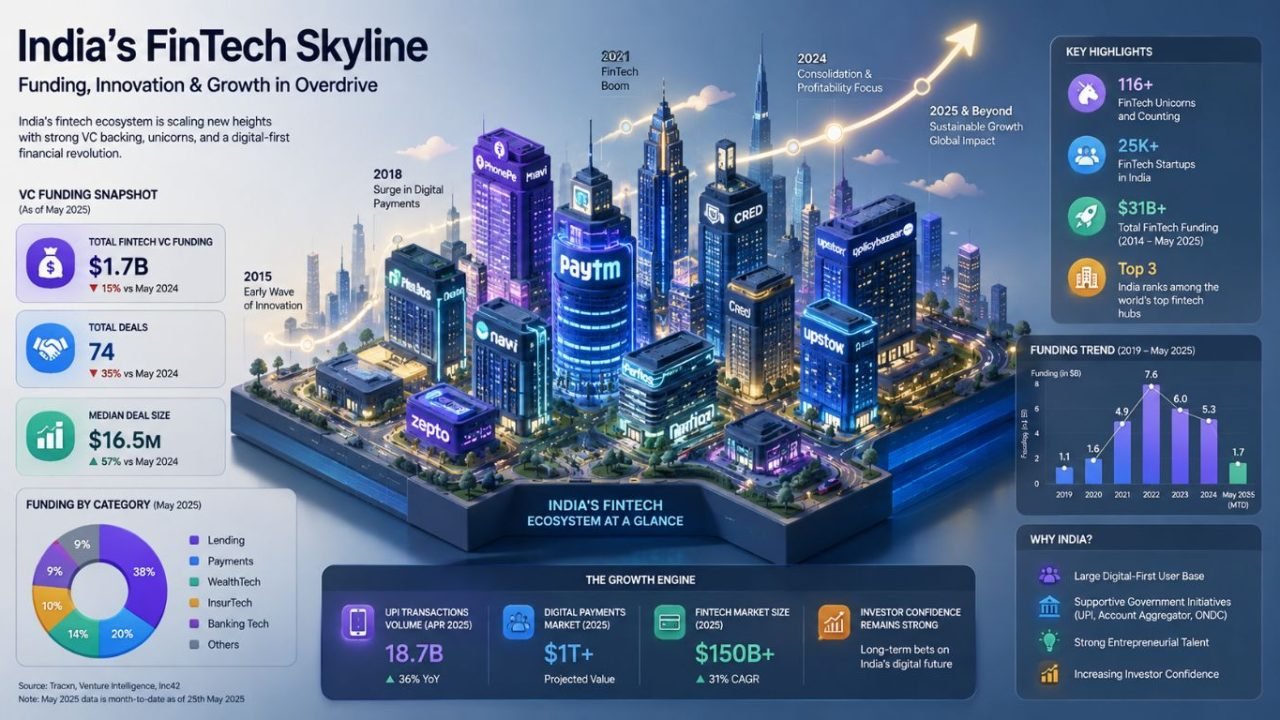 Isometric chart illustrating Indian startup funding trends, venture capital investment, and ecosystem metrics.