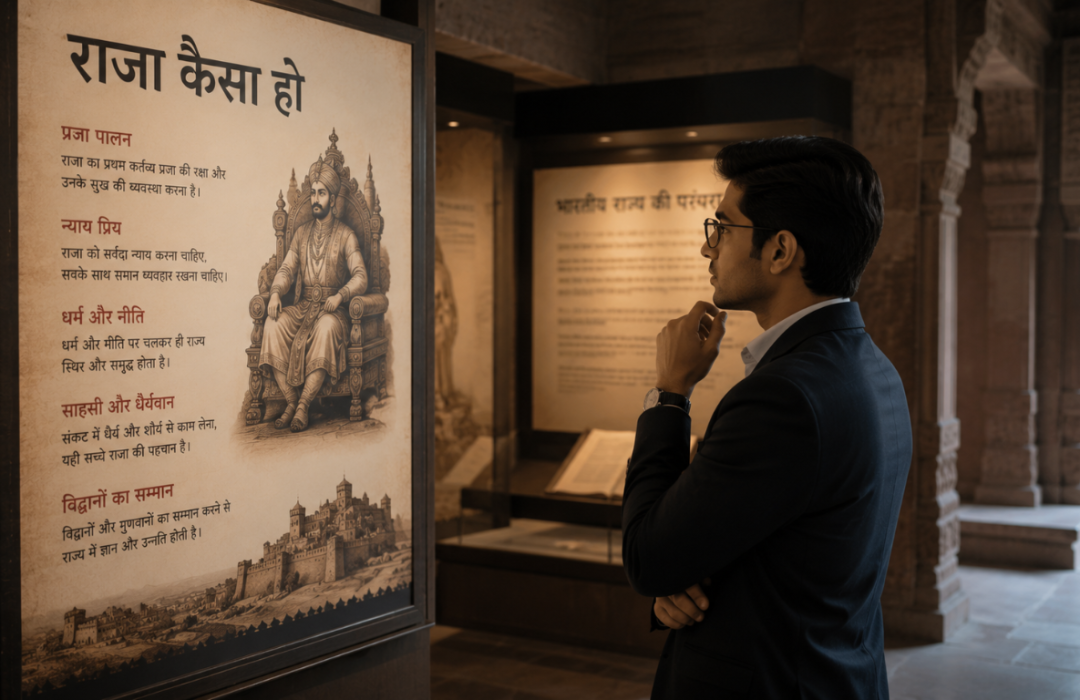 Ancient display about leadership qualities beside a modern business leader, symbolizing timeless leadership principles.