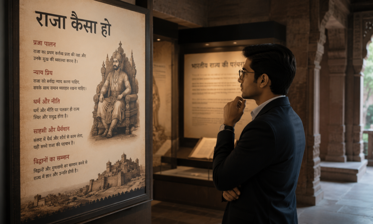 Ancient display about leadership qualities beside a modern business leader, symbolizing timeless leadership principles.